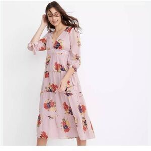 Madewell Floral Tie-Sleeve Tiered Midi Lined Dress in Market Bouquet Size S